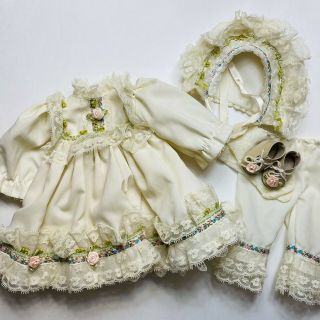 Vtg Doll Dress Outfit Lace Trim Bonnet Fits 16” Dolls Floral Pantaloons Shoes