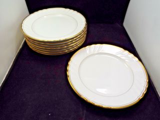 Fitz & Floyd Orleans Blanc,  White W/ Gold Trim 8 Dinner Plates,  10 1/4 "