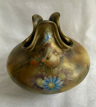 Antique Royal Kinran Nippon Porcelain Hand Painted Bird Pinched Lip 6 " Gold Vase