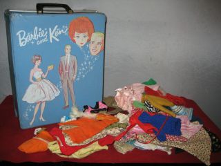 Vtg Barbie Ken Blue Mattel 1963 Doll Wardrob Carrying Case W/ Vtg Clothes