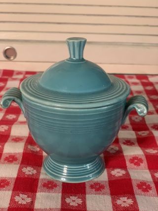 Vintage Fiesta Turquoise Sugar Bowl W/lid And Ring Handled Creamer.
