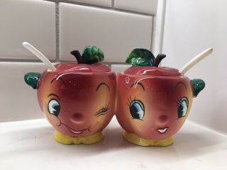 Vintage Py Japan Attached Winking Apple Jam Jars W/ Spoons