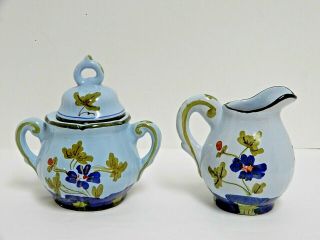 Sigma Blue Carnation Creamer & Sugar Bowl Italian Pottery EUC 2