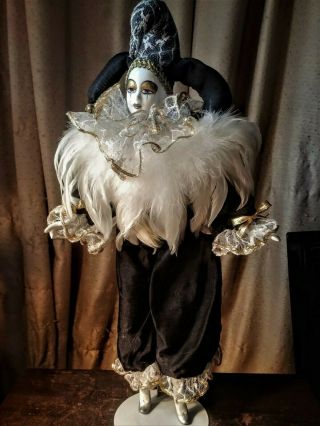 Vintage Porcelain Jester Doll / Harlequin / Mardi Gras / Clown Hand - Painted