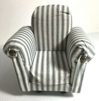 Vintage 80s Poupee Doll Furniture Upholstered Arm Chair Blue And White Ticking