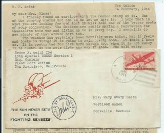 Wwii 1944 15th Special Usn Cb Bn Cover Seabee,  Letter Censored Guinea