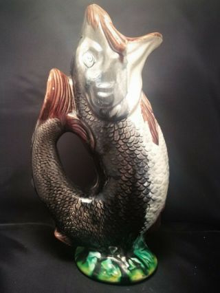 Antique Leaping Fish Pitcher Vase Jug Majolica Figural Art Pottery Ceramic