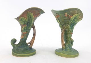Vintage Roseville Bushberry 153 - 6 Cornucopia 6 " Vase - Set Of 2 - Green / Orange