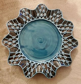 Mackenzie & Childs Decorative Plate W/ Blue Roses & Lattice On A Chocolate Field