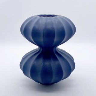Jonathan Adler Pottery Retired Ribbed Blue Lantern Gourd Bud Vase 5.  25”h 3.  75”w
