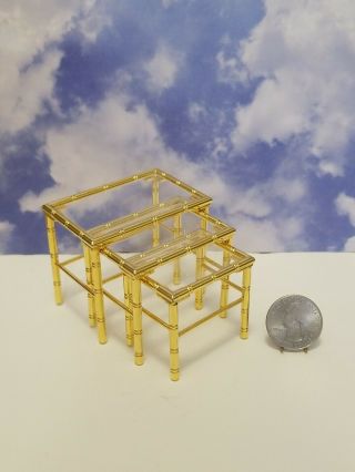 Vintage Dollhouse Miniature Furniture Gold Tone Metal Nesting Side Tables Bamboo