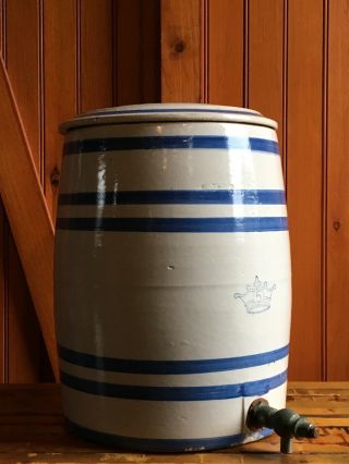 Vintage 5 Gallon Robinson Ransbottom Water Cooler Stoneware Crock Blue Stripes