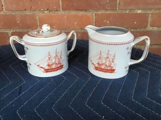 Spode Trade Winds Red Creamer And Sugar Bowl With Lid