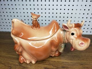 Vintage Brush Mccoy Usa W10 Cookie Jar Cow With Cat On Back 1940s/1950s Repairs