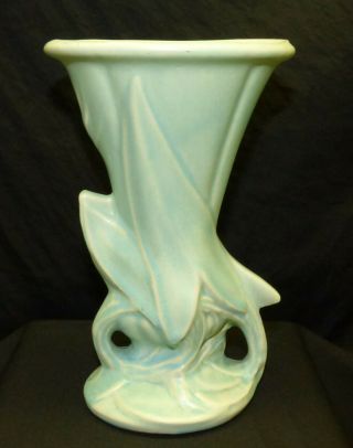 Vintage 1940s Mccoy Art Pottery Matte Aqua Blue Green Pastel Arrowhead Leaf Vase