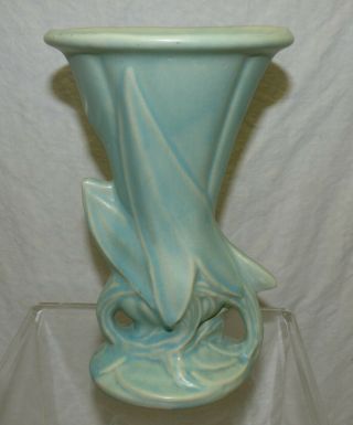 Vintage 1940s McCoy Art Pottery Matte Aqua Blue Green Pastel Arrowhead Leaf Vase 2