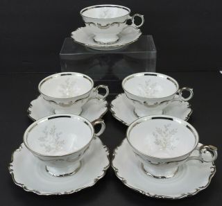 Schumann Arzberg Germany Platinum Elegance W/ Flowers Cup And Saucer Set Of 5
