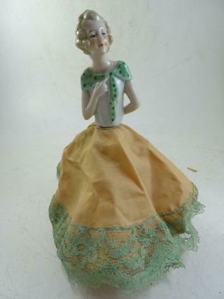 Antique German Porcelain Half Doll Pin Cushion Art Deco Flapper Girl Lady Vtg