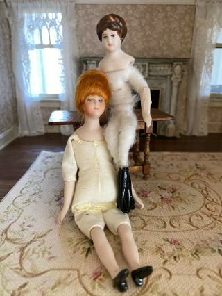 Vintage Miniature Dollhouse Pair Victorian Porcelain Lady Dolls Artisan Made