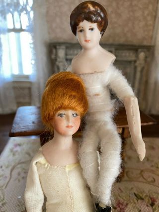 Vintage Miniature Dollhouse Pair Victorian Porcelain Lady Dolls Artisan Made 2