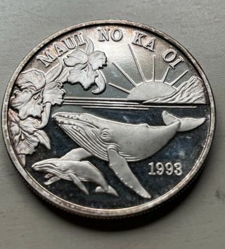 1993 Maui No Ka Oi One Dollar Trade Hawaii.  999 Fine Silver Coin With Case