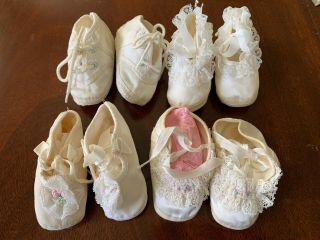 Vintage Shoes For Large Doll Or Baby - 4 White Soft Sole Shoes