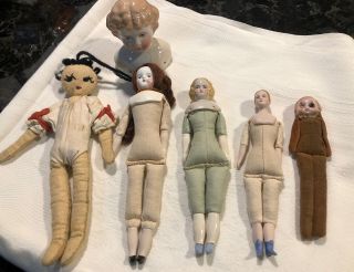 5 Antique & Vintage Dolls Porcelain Bisque Germany & Doll Head