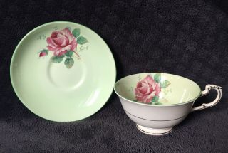 Vintage Paragon China Green Ground Cabbage Rose Tea Cup & Saucer