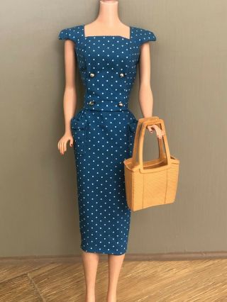Vtg 1960s Barbie Doll Blue & White Polka Dot Pak Sheath Dress,  Vinyl Handbag