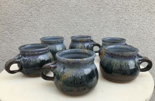 Vintage Studio Art Pottery Coffee Mugs Set 6 Blues Browns Signed Pace