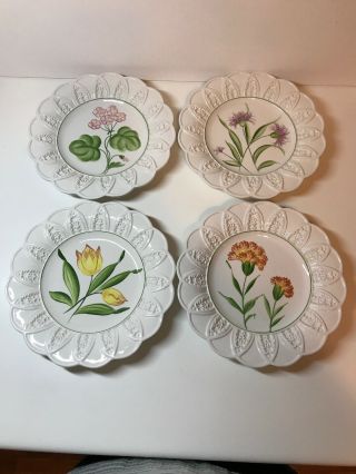 4 Italian Art Pottery San Marco Scalloped Embossed Plates Flowers Nove Italy
