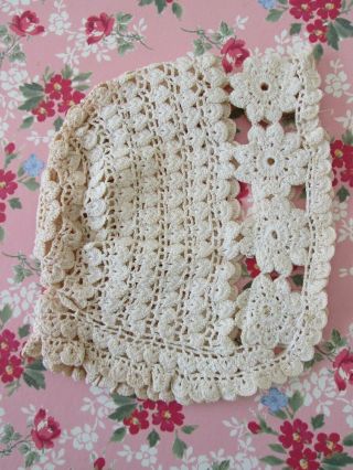Baby Doll Bonnet Antique Hand Crochet Cotton Hat Flowers Vintage Girl Child
