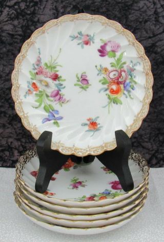 (6) Hermann Ohme Hand - Painted Dresden Flowers German Porcelain Saucers