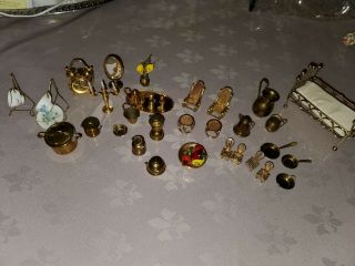 Vintage Brass Dollhouse Miniatures Lamp Candlesticks Bowls Mirror Crib Pots