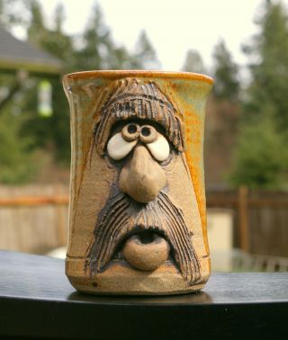 Handmade Pottery Ugly Coffee Mug Mustache Face 4 5/8 " Tall Karlinsey Signed K