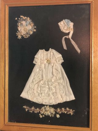 Ooak Artisan Framed Dollhouse Miniature Lace Dress Bonnet And Dried Flowers