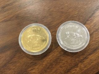 2 Summerside P.  E.  I.  “ Silver Fox “ Trade Dollars Rhodium & Gold Plated