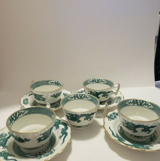 Booths Dragon 5 Demitasse Cups & 4 Saucers 1pt Handle Green Vintage Rare England