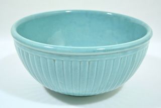 Rare Vintage Aqua Blue Vertical Ribbed Mixing Bowl Turquoise Yellow Ware Stone