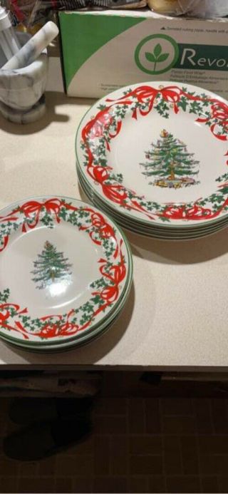 Set Of 5 Spode Christmas Tree Dinner Plates & 6 Dessert Plates