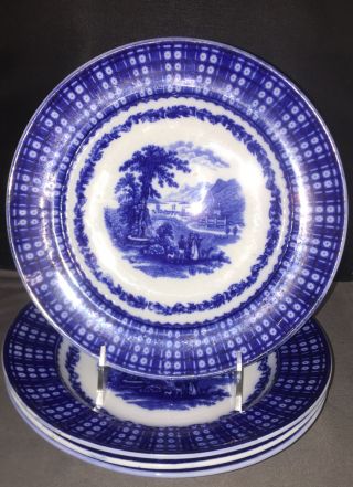 Set Of 4 Antique Cauldon England Breadalbane Flo Blue Soup Plates 9 “ Ca.  1890