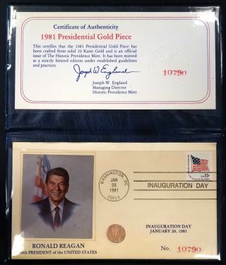 1981 Ronald Reagan Presidential Gold Piece,  Solid 10 Karat Gold Jan 20,  1981