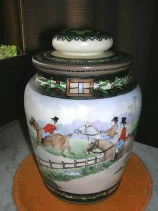 Nippon Humidor Tobacco Jar With Hand - Painted Fox Hunt Vgc 64.  95 Or Bo