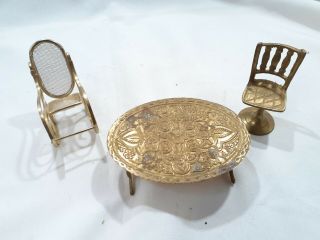 Vintage Dollhouse Miniature 1:12 Furniture Coffee Table And 2 Chairs Bronze