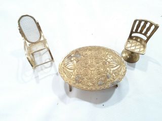 Vintage Dollhouse Miniature 1:12 Furniture Coffee Table and 2 Chairs Bronze 2
