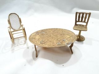 Vintage Dollhouse Miniature 1:12 Furniture Coffee Table and 2 Chairs Bronze 3