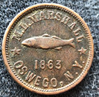 1863 M.  L Marshall Oswego N.  Y.  Toys Goods Fishing Rare Coin Civil War Store Card