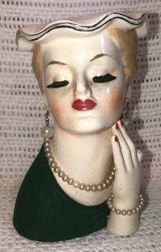 Vintage 1956 6 " Napco Head Vase Lady With Pearls Green Shirt Blonde Hair C2636b