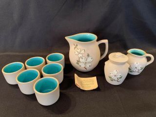 Pigeon Forge Pottery Dogwood Set 6 Coffee Tea Mugs Pitcher Creamer & Sugar Bowl