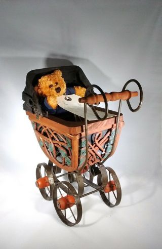 Vintage Pram Stroller For Dolls / Bears Wood,  Metal,  And Fabric Display
